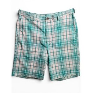 Men's Turquoise White Plaid Stretch Golf Chino Shorts 34 Flat Front Resortwear